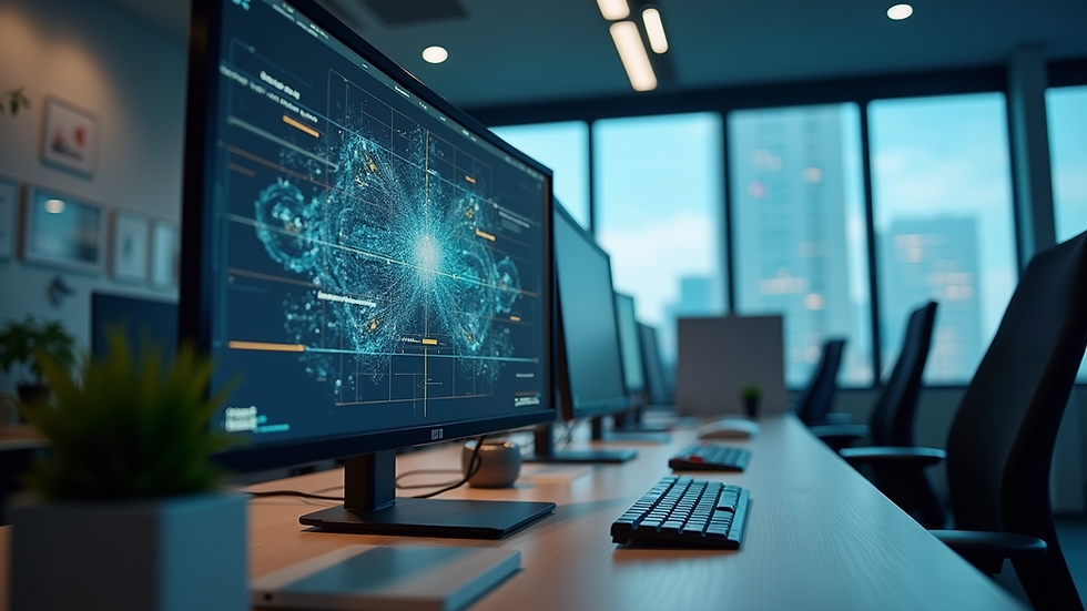 Eye-level view of a modern workspace with AI technology integration