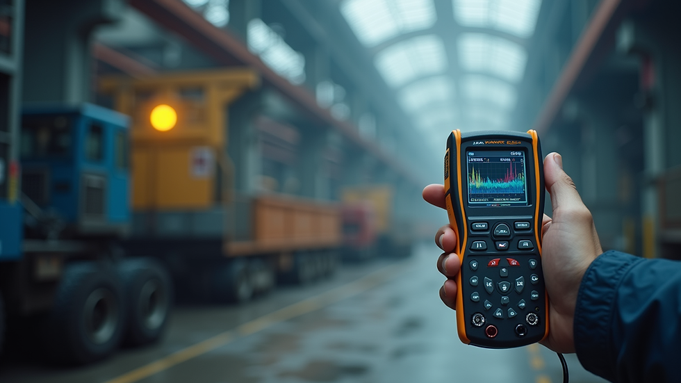 Close-up view of handheld spectrum analyzer on industrial site