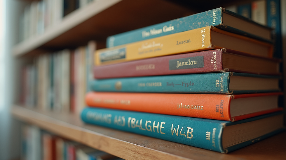 Close-up view of a stack of English language books
