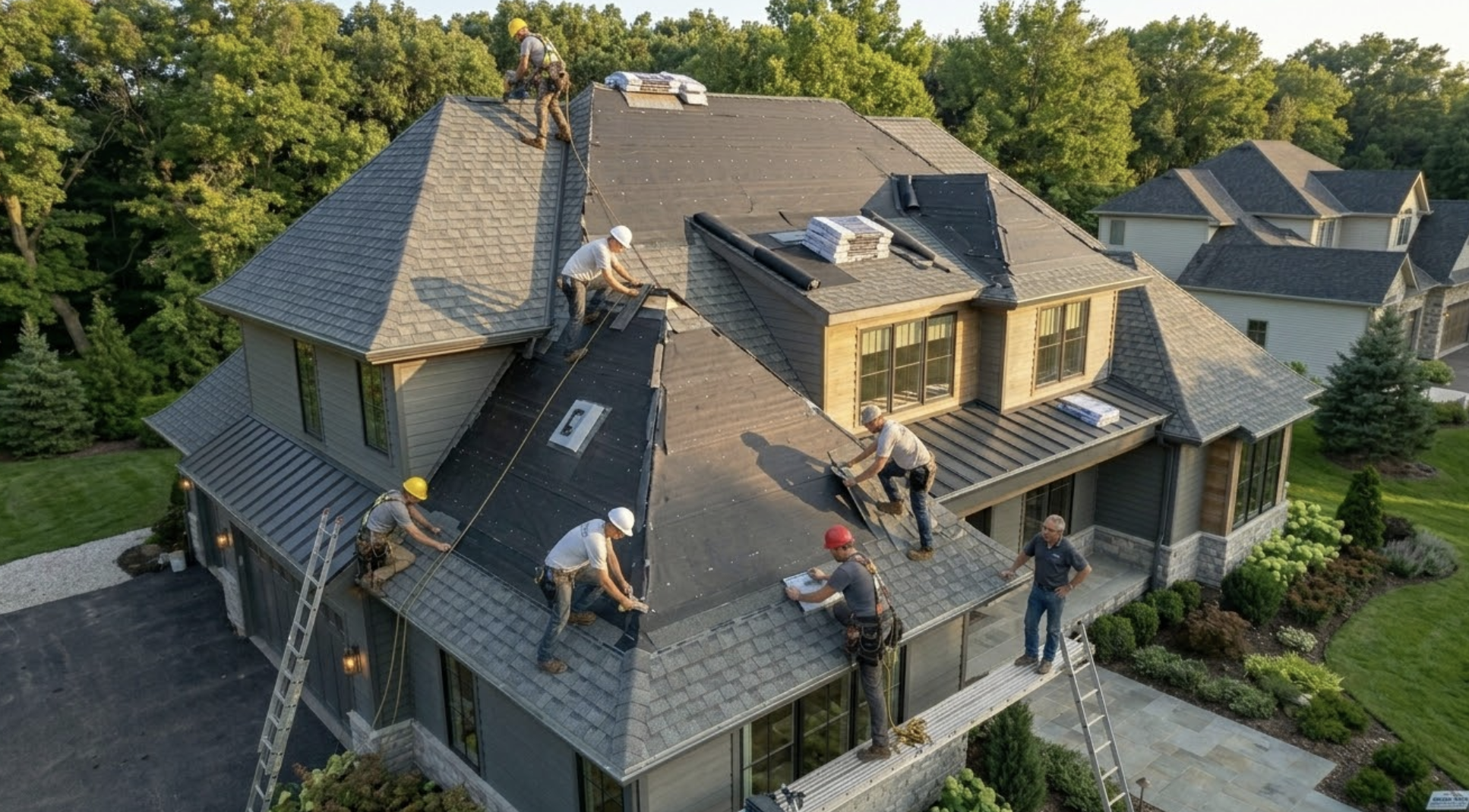 Aerial view of a Lakeside roofing project