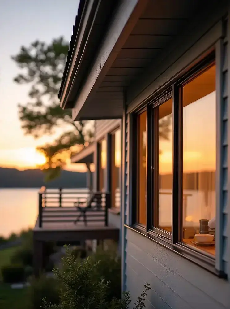Lake home exterior at sunset with new replacement windows — Lakeside Exteriors window installation service in Minnesota (Pella, Andersen, Marvin)