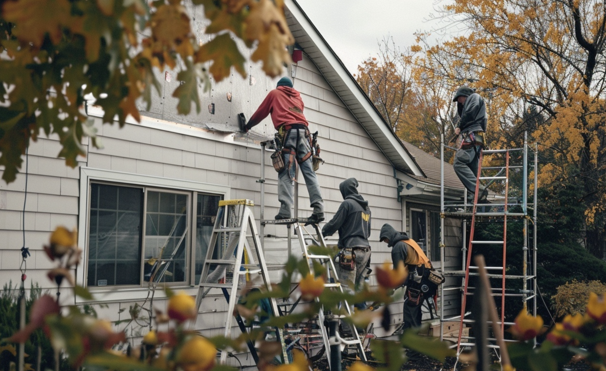 Siding project with crew at work