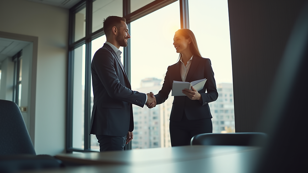 Eye-level view of a business professional shaking hands with a client in a modern office