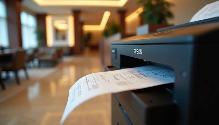 Eye-level view of Epson printer printing eco-friendly receipts in a hotel lobby