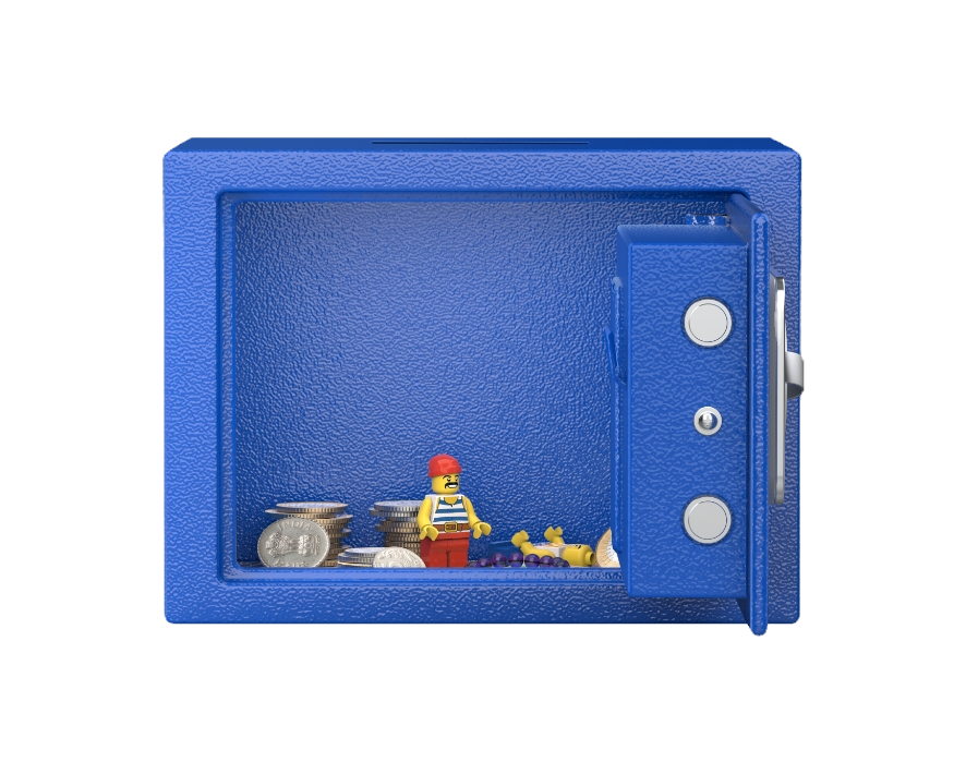 Thumbnail: Small blue safe with a toy figurine and coins inside