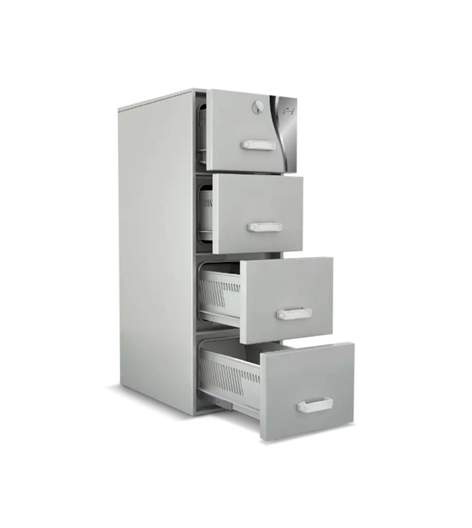 Thumbnail: Godrej fire resistant filing cabinet with four open drawers