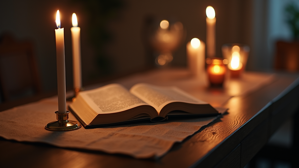 Vue en plongée d'une table avec des bougies allumées et un livre ouvert