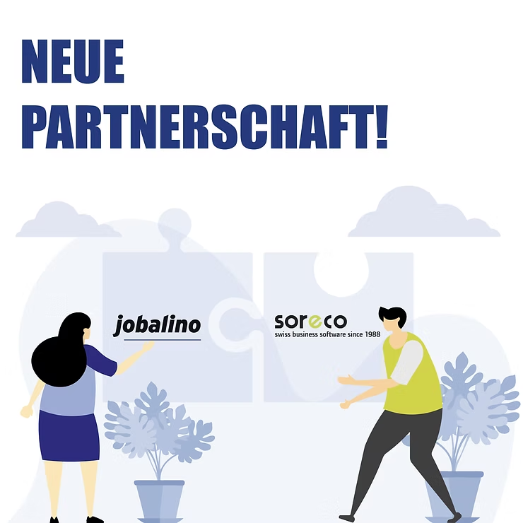 Illustration der Zusammenarbeit zwischen Jobalino und Soreco AG: Partnerschaft für integrierte HR-Lösungen, Bewerbermanagement und Payroll.