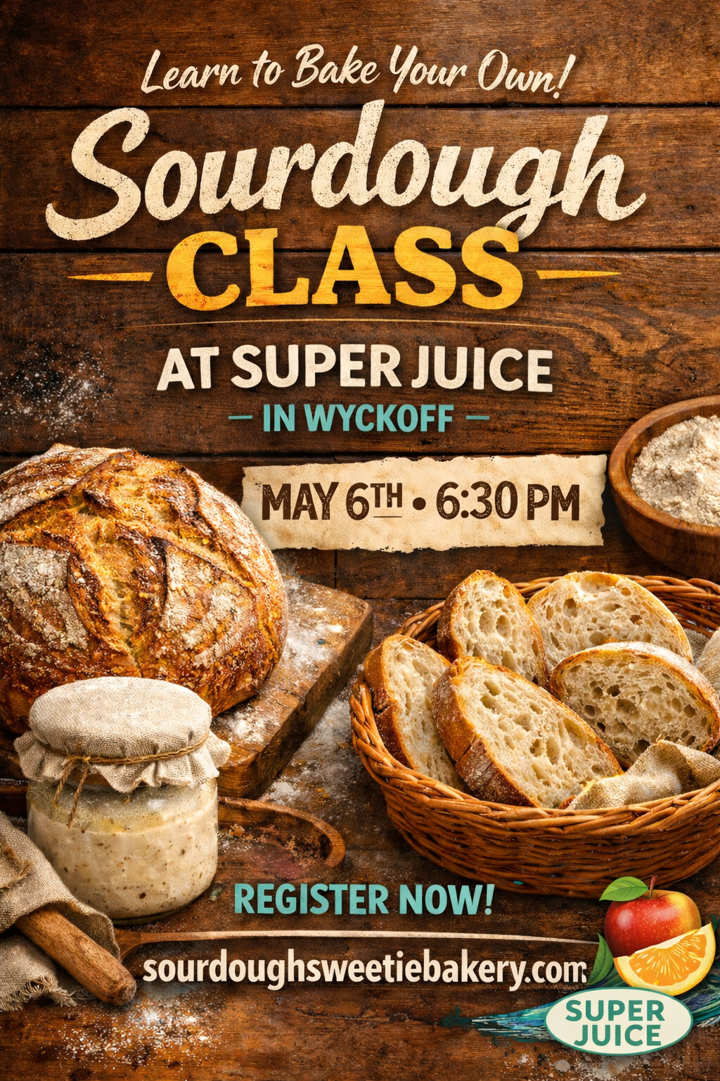 Intro to Sourdough Class May 6th at 6:30pm at Super Juice Wyckoff
