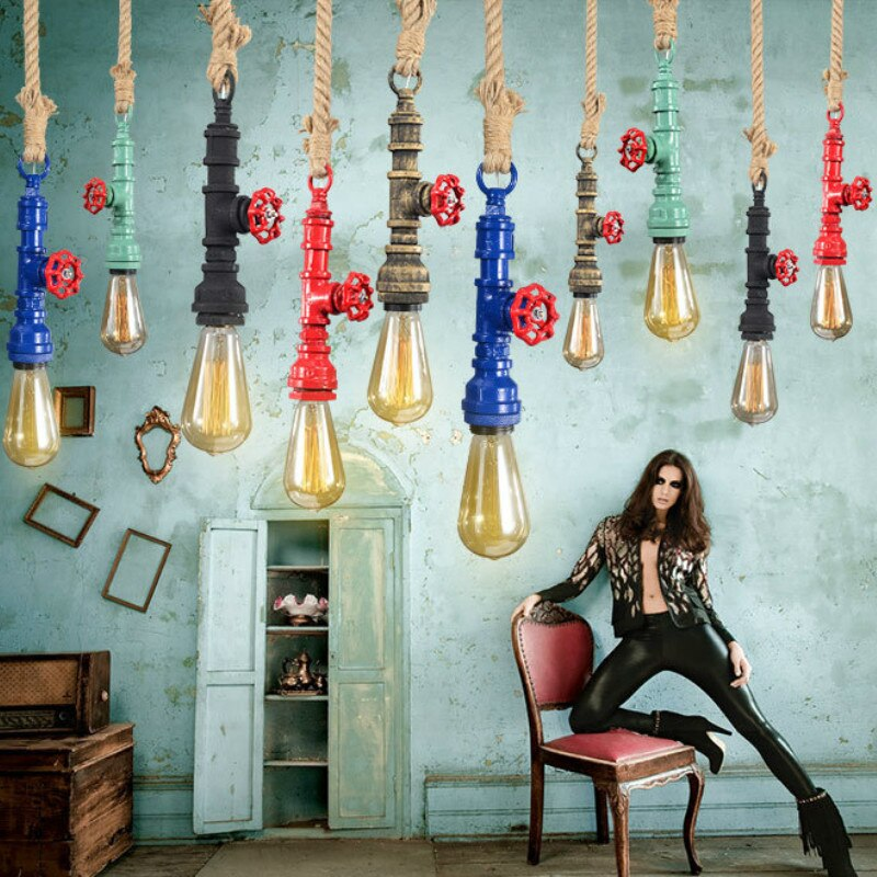 Thumbnail: Vintage Industrial Pendant Light Water Pipe Hemp Rope Wrought Iron Hanging Lamp 