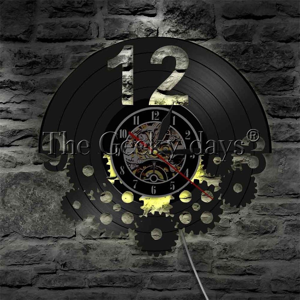 Thumbnail: Steampunk Gears and Large Number Vinyl Record Wall Clock LED Night Light Cycling