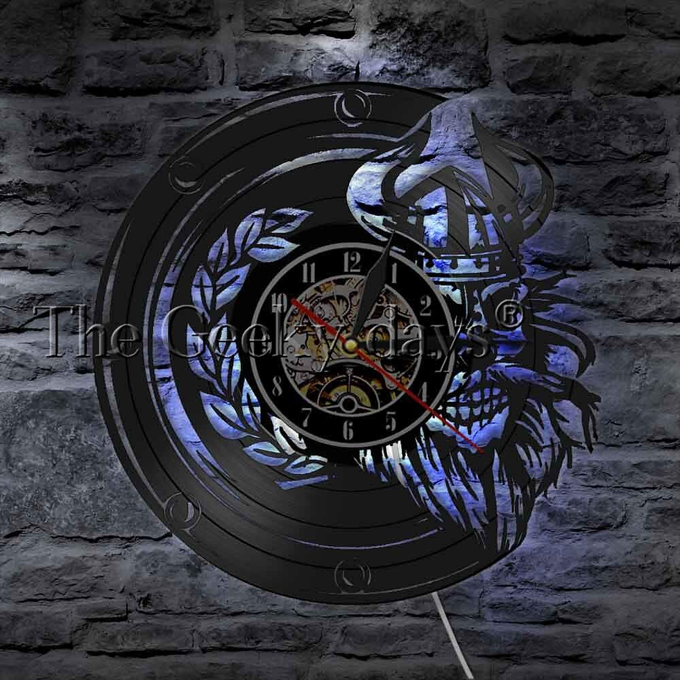 Viking Skull Head Vinyl Record Wall Clock with LED Illumination Barbarian Valhal