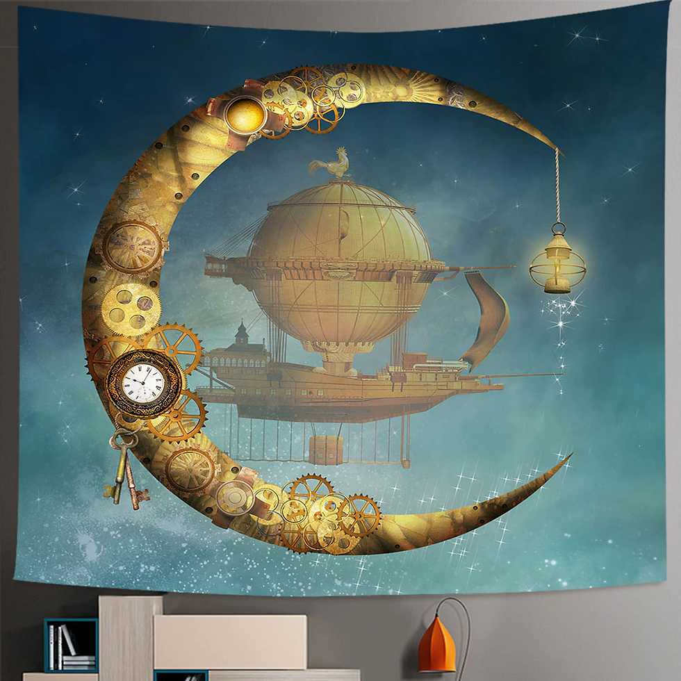 Thumbnail: Steampunk Gear Moon Lamp Boat Tapestry Hippie Wall Hanging Black Moon Villa Tape