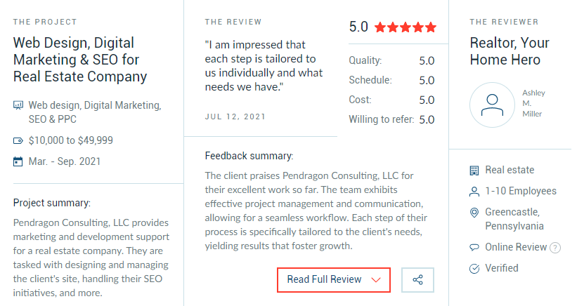 Client testimonial on Clutch for Pendragon Consulting