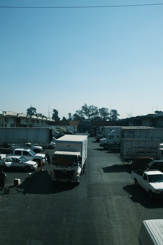 Exterior con diableros empujando cargas sobre la avenida.