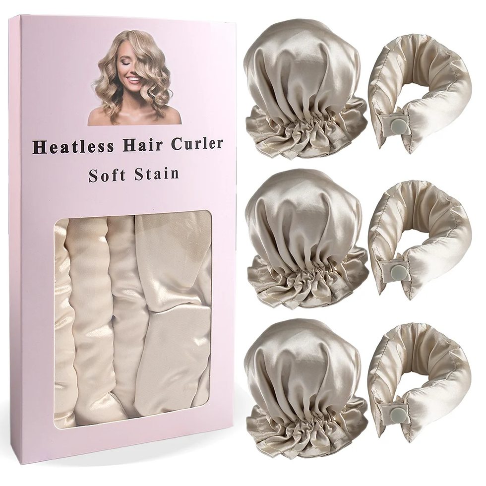Thumbnail: 3Pc Satin Heatless Curling Rod with Hair Caps, Soft Overnight Curling Rod Headba