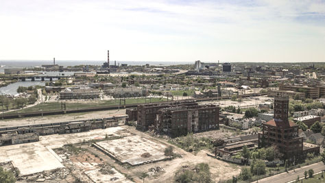 Aerial view of the Remington Shot Tower and surrounding industrial waterfront area in Bridgeport, Connecticut, April 2020.