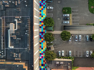 Aerial photograph of the Peacock Alley ground mural behind the Historic Arcade Mall in Bridgeport, Connecticut, captured August 2019.