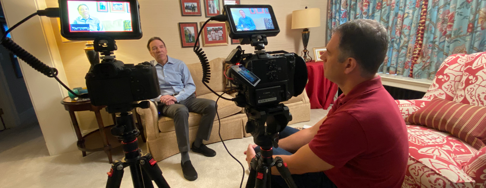 William Sarris conducting an on-location interview with Dan Hesse during a Wireless History Foundation production.