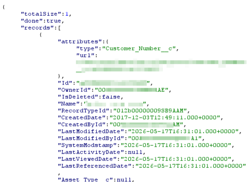 Redacted example of sensitive data returned through native Salesforce object queries during schema and access-control testing.