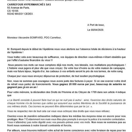 Courrier à l'attention de M BOMPARD Alexandre de la Cgt carrefour Hypermarché