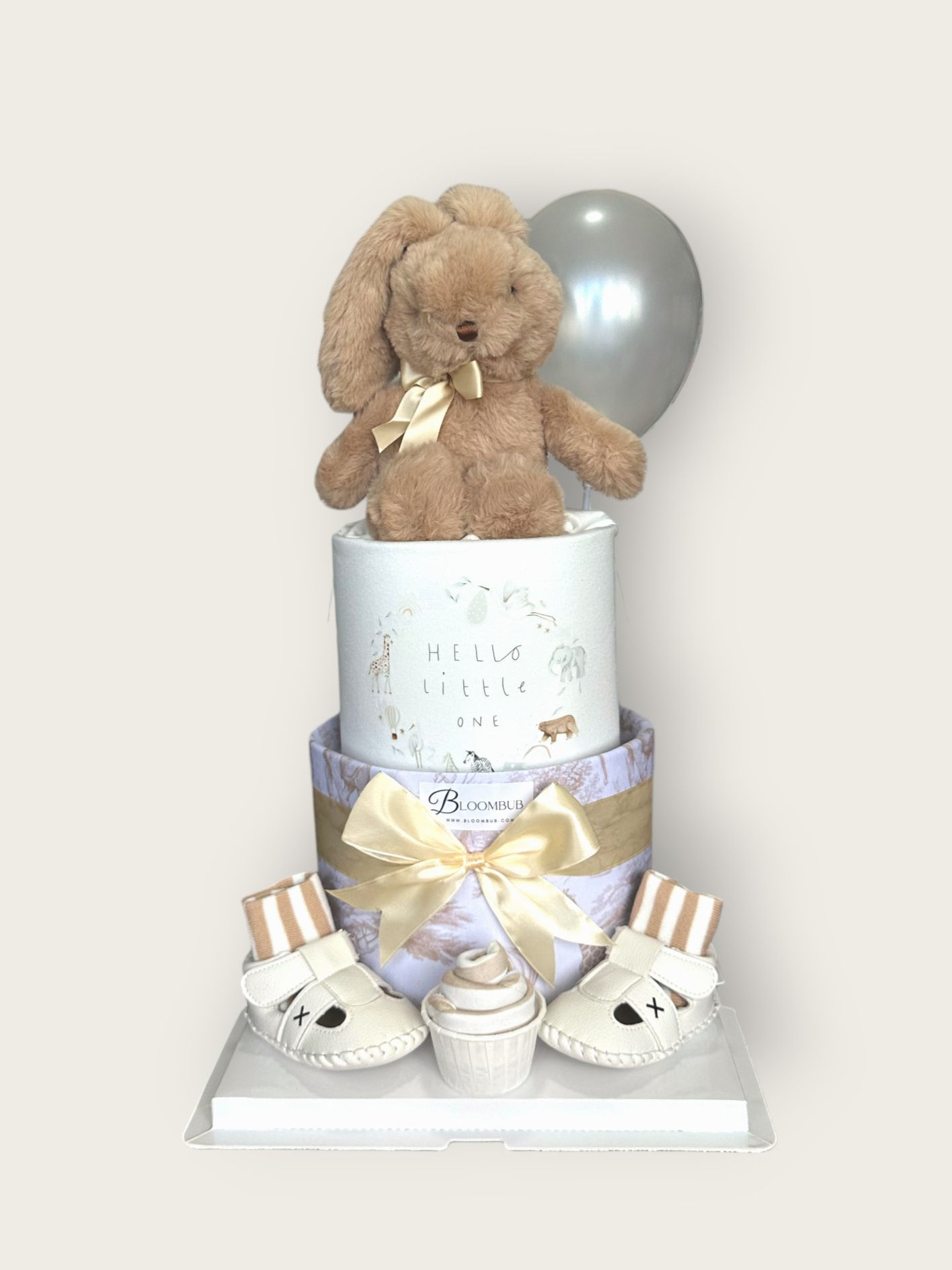 READYMADE: Beige Bunny Two Tier Bamboo Gender Neutral Diaper Cake