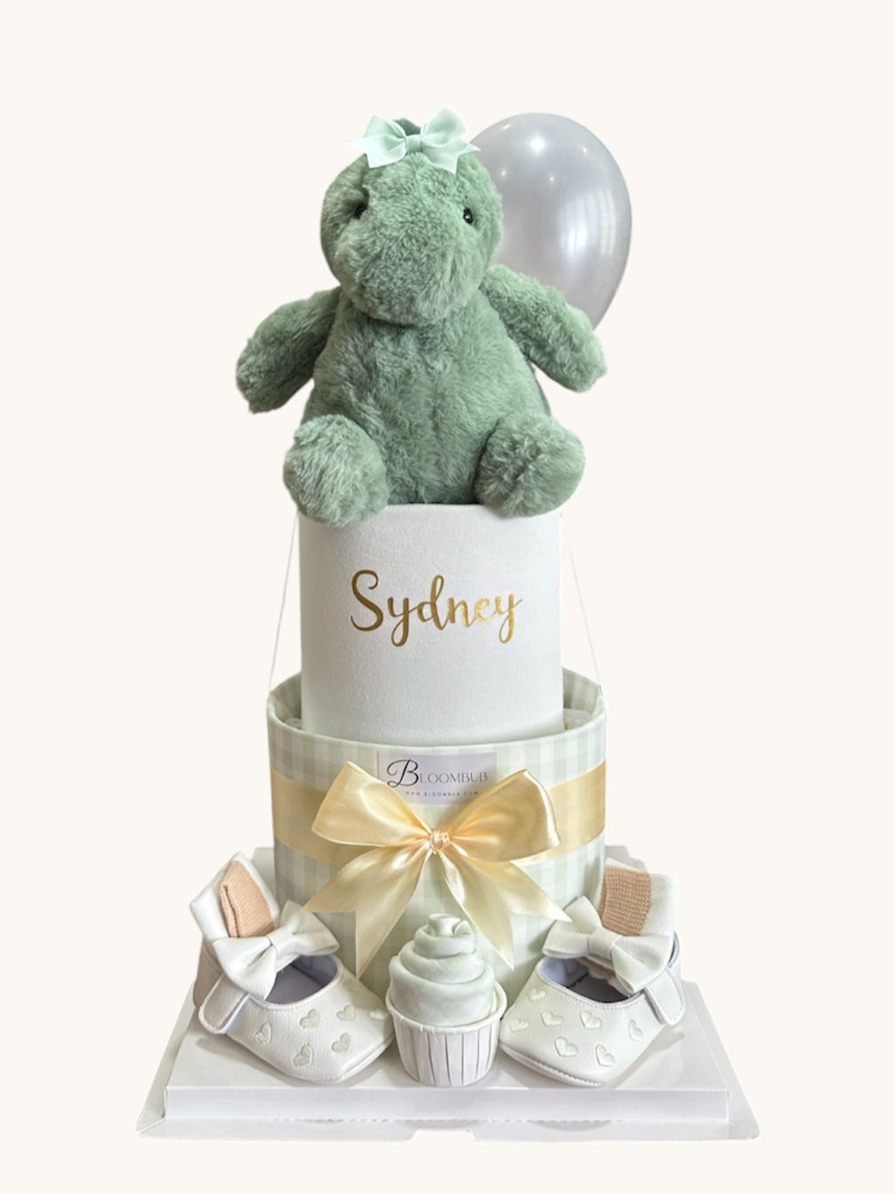 Dinosaur Baby Girl Personalised 2-Tier Diaper Cake in Sage Checkered
