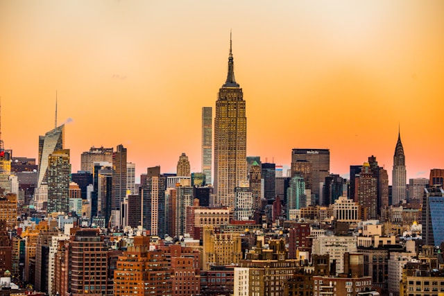 New York City skyline with Empire State Building at sunset