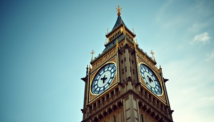 Eye-level view of the iconic Big Ben clock tower with clear blue sky