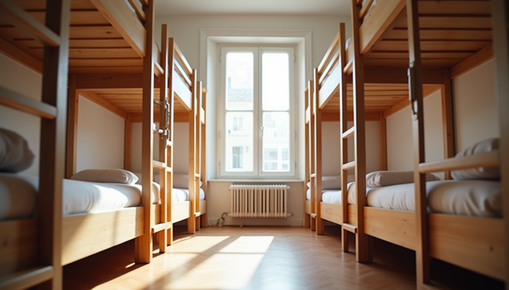 Eye-level view of a Paris hostel dorm room with bunk beds and natural light