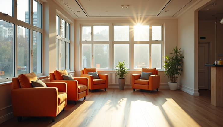 Eye-level view of a modern London hostel common area with cozy seating and natural light