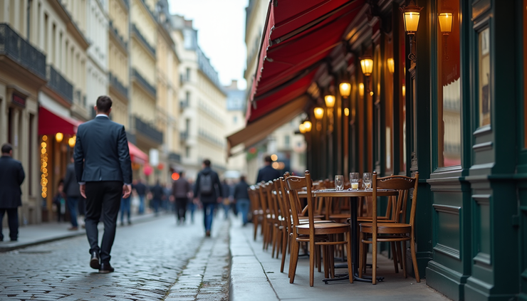Eye-level view of a street café in the Latin Quarter with outdoor seating