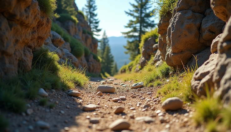 Close-up view of a scenic hiking trail with rocky cliffs and green trees