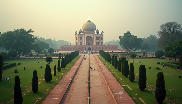 High angle view of Humayun’s Tomb surrounded by gardens