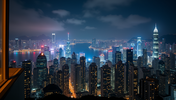 Eye-level view of the illuminated Hong Kong skyline at night from a luxury hotel room balcony