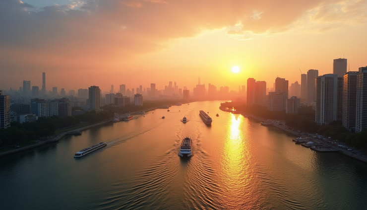 Wide angle view of Chao Phraya River at sunset with boats and city skyline