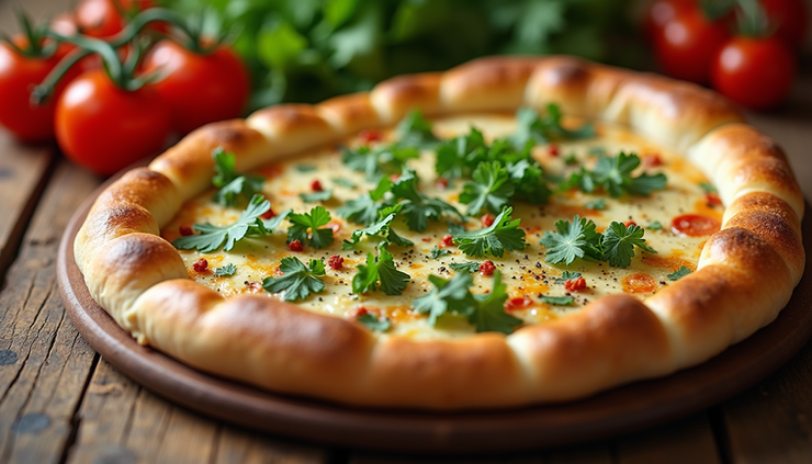 High angle view of a traditional Turkish pide with cheese and greens on a wooden table