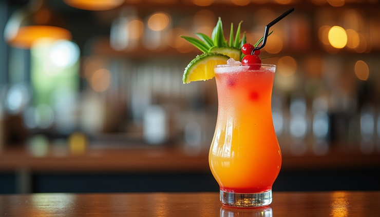 Close-up view of a colorful cocktail with tropical garnish on a wooden bar counter