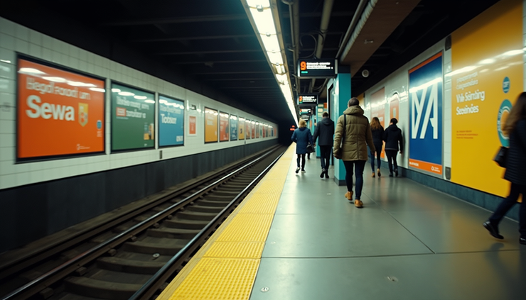 Eye-level view of Times Square subway station platform with colorful advertisements