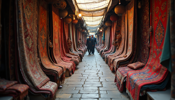 High angle view of colorful textiles and carpets in Istanbul's Arasta Bazaar