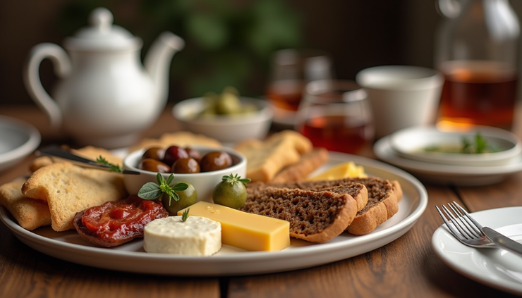 Eye-level view of a traditional Turkish breakfast spread with fresh bread, olives, cheeses, and tea