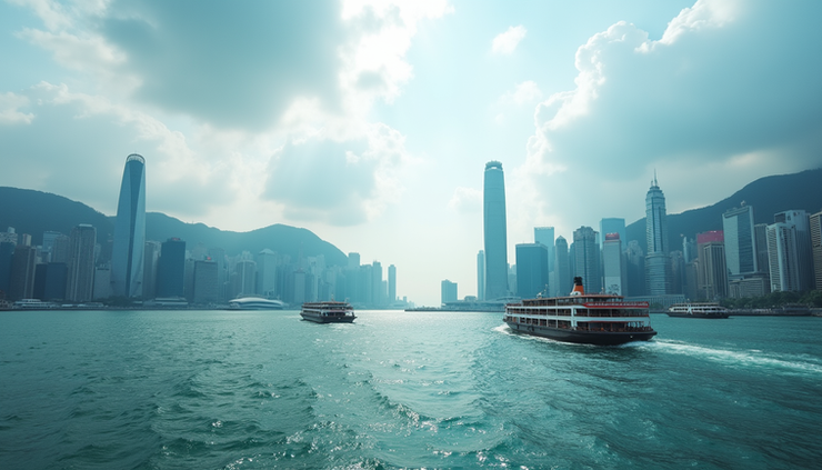 Eye-level view of Victoria Harbour with iconic skyscrapers and ferries