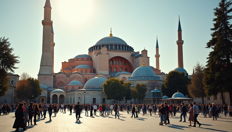 Eye-level view of the Hagia Sophia exterior with tourists walking nearby