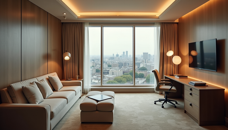 High angle view of a luxury hotel suite with panoramic city views in London