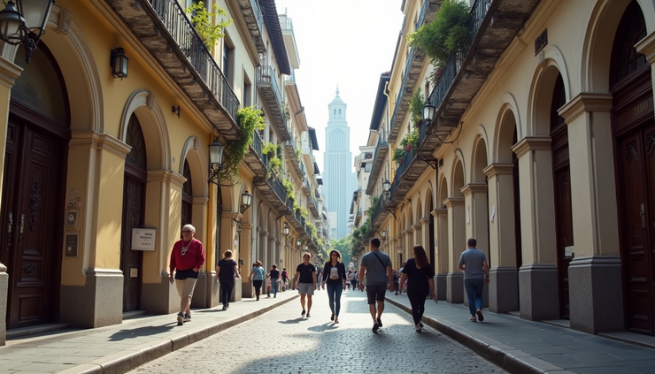 Eye-level view of a street in Macau with colonial buildings and tourists walking