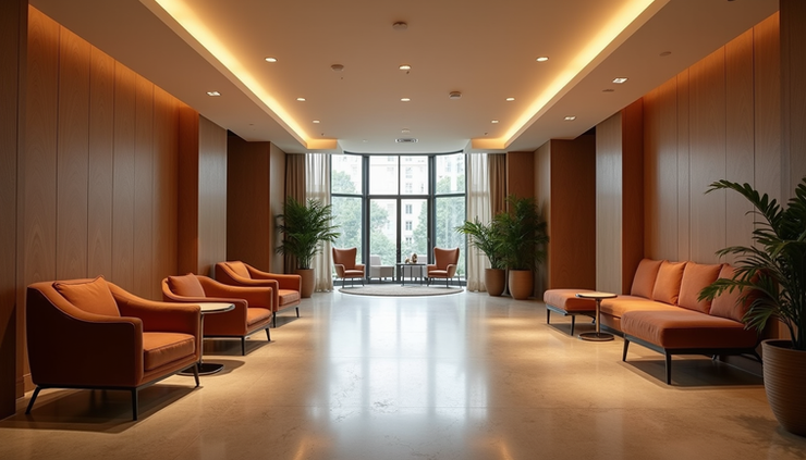 Eye-level view of a modern hotel lobby with stylish seating and warm lighting