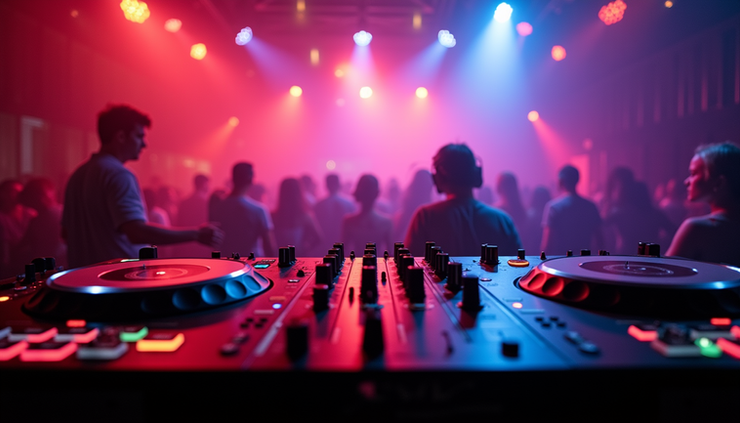 Close-up view of a DJ booth with colorful lighting in a New York nightclub