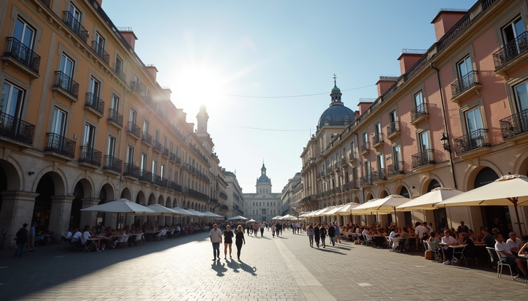 Eye-level view of Plaza Mayor with historic buildings and outdoor cafes