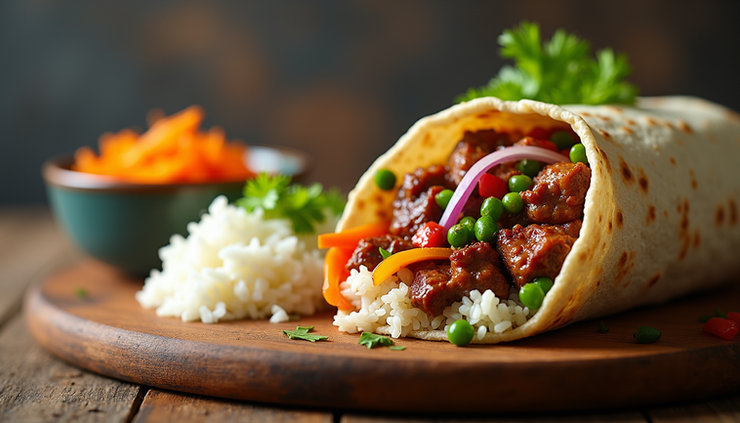Close-up view of a Korean BBQ burrito from Korilla BBQ food truck