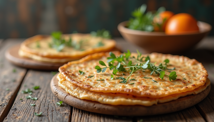 Close-up of a savory buckwheat crêpe on a rustic wooden table